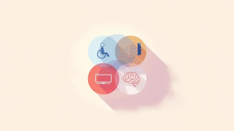 Four overlapping circles with icons representing mobility, hearing, visual, and cognitive accessibility barriers
