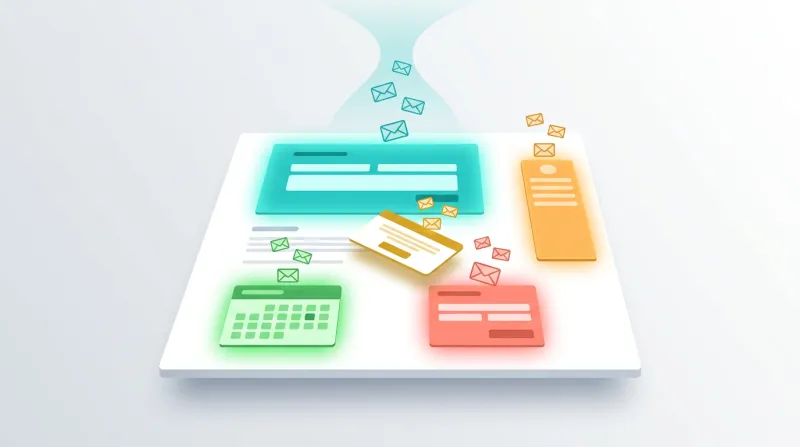 Website page layout viewed from above showing five glowing capture points including petition forms, action alerts, downloads, events, and donations each generating email signups