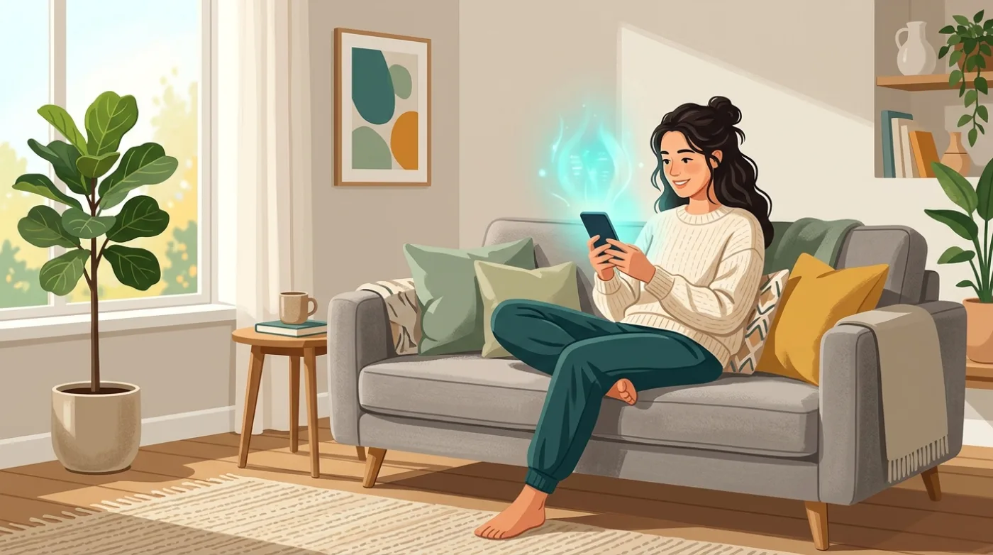 A person relaxing on a sofa at home, getting an answer from an AI assistant on their smartphone