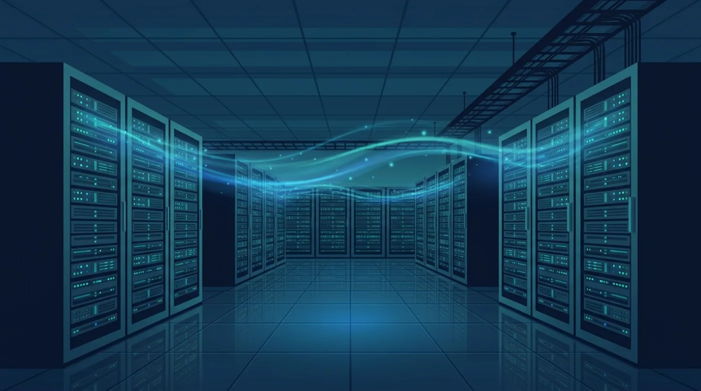 A data center where automated AI crawlers read and process content from across the web
