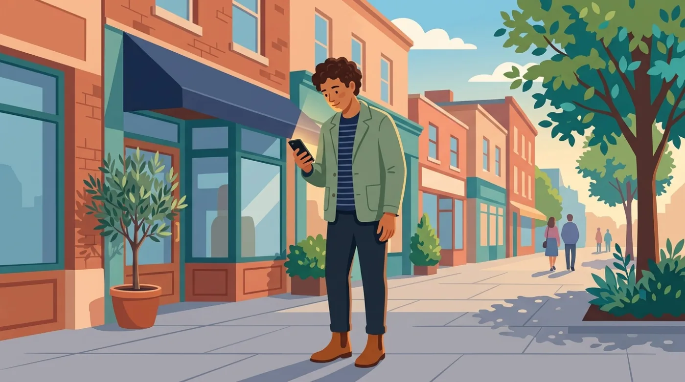 A person on a small-business street using their phone to find a local company