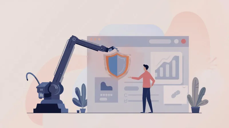 Robot arm and human expert working together with shield to protect website from WordPress update issues