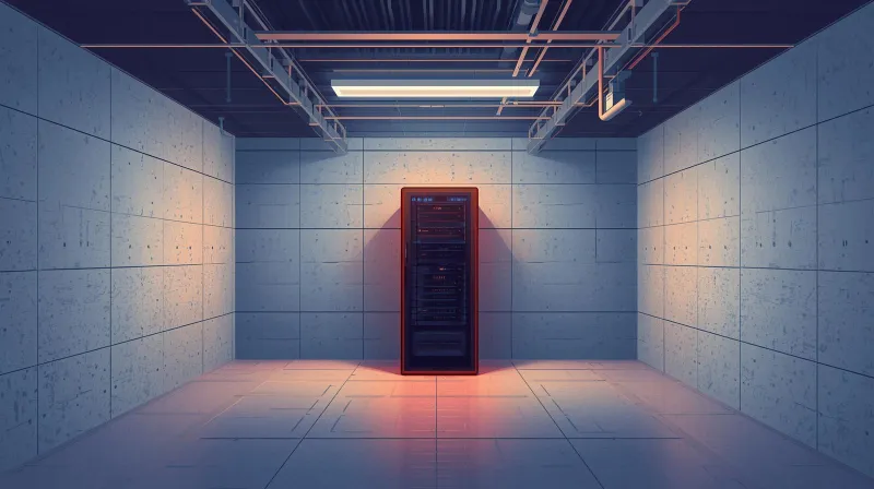 Single server rack glowing in dim basement data center with concrete walls and exposed pipes