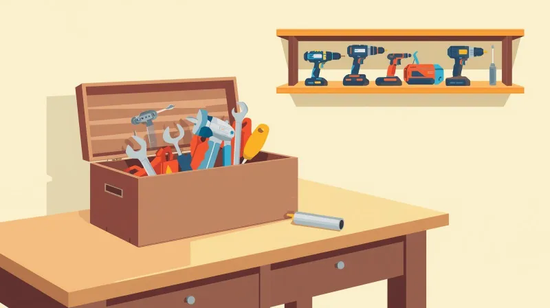 An open wooden toolbox with basic tools and advanced power tools on a shelf behind it representing LearnPress providing basic features with advanced ones requiring add-ons