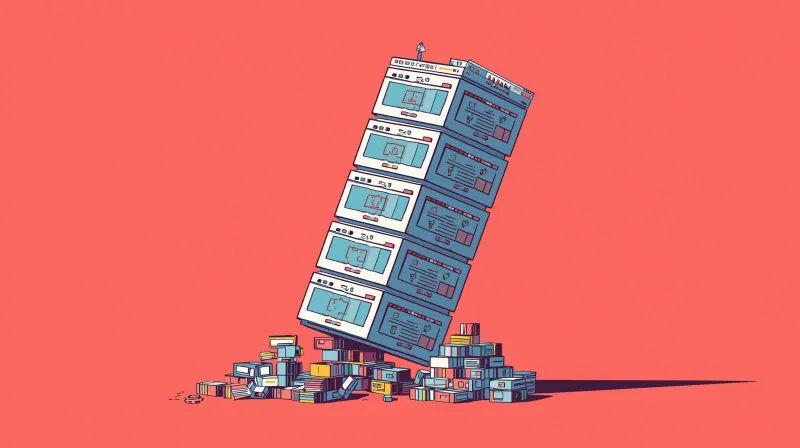 Unstable tower of WordPress plugins and components leaning precariously representing an overbuilt website