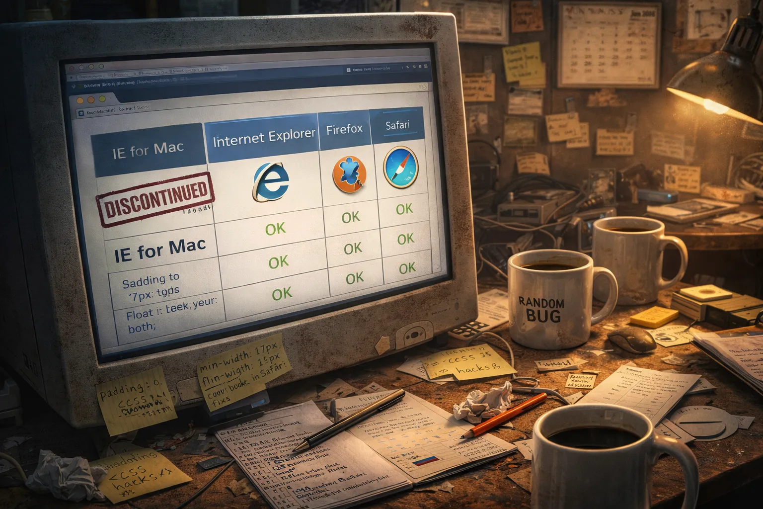 Timeline showing key browser milestones including IE Mac discontinuation and IE7 release