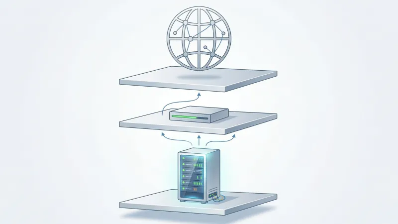 A layered diagram showing network nodes and server infrastructure representing the caching layers that reduce WordPress TTFB.