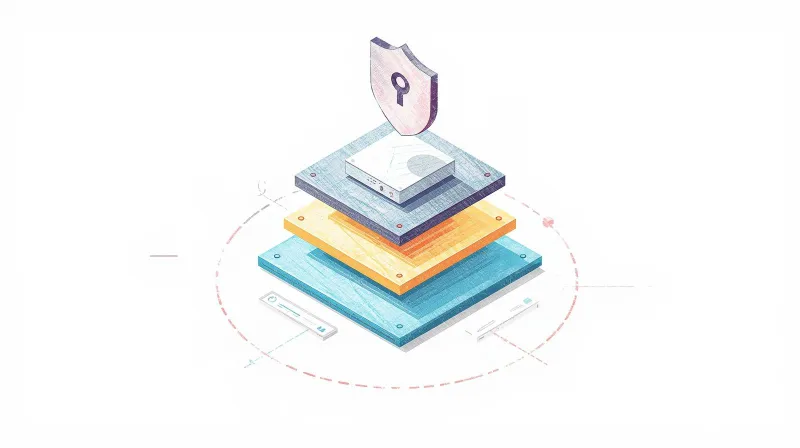 Server cube protected by layered shield, radar ring, and lightning barrier representing multi-layer campaign hosting security