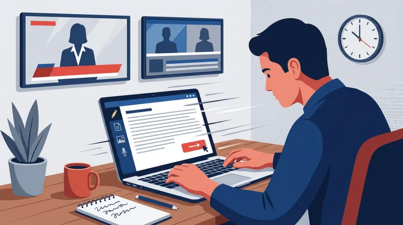 A person at a desk rapidly updating a campaign website on a laptop while multiple screens in the background show breaking news coverage