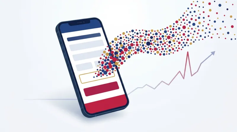 A smartphone displaying a campaign donation form with a rising wave of colored dots representing a sudden surge in website visitors