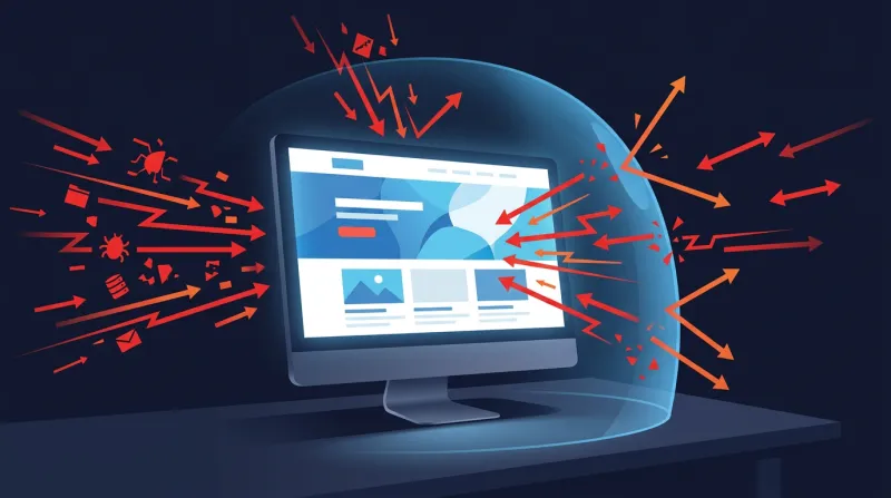 A desktop monitor displaying a campaign website with streams of hostile red network connections converging on it from multiple directions