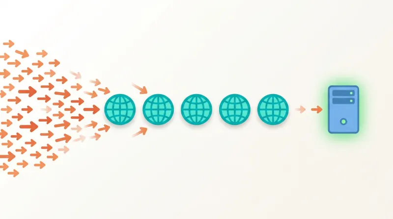 Layered diagram showing CDN edge nodes absorbing website traffic before it reaches a protected origin server