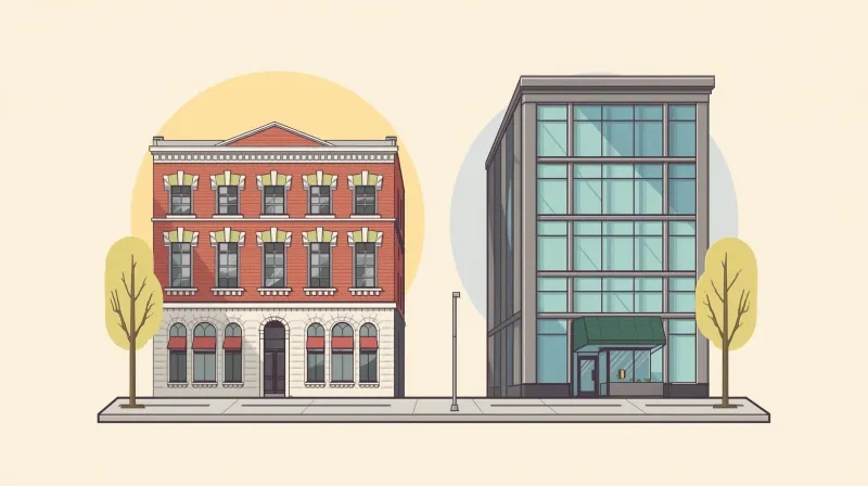 A classic brick building beside a sleek modern glass building representing the maturity question when comparing LearnDash and Tutor LMS