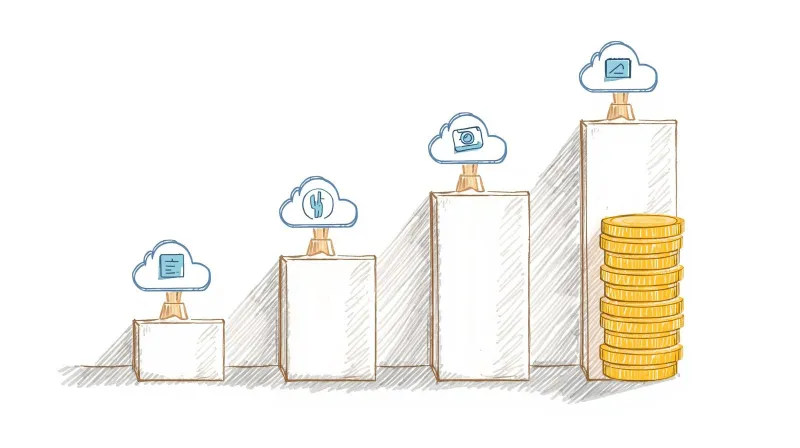 Ascending platform steps with cloud icons and increasing coin stacks showing Cloudflare CDN pricing tiers from free to enterprise