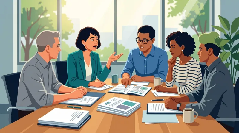 Committee members in an animated discussion comparing website proposals at a conference table