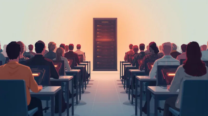 Many people simultaneously using laptops pointed at a single server, representing the peak traffic load during membership conference registration