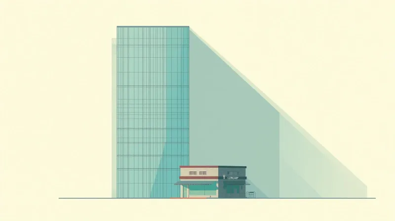 A large corporate office building towering over a small nonprofit office, illustrating how private equity acquisitions affect nonprofit technology platforms.