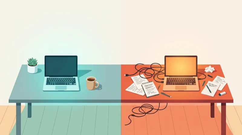 A calm, organized workspace with a laptop showing routine WordPress maintenance, contrasted with a second messy desk covered in tangled cables and sticky notes representing emergency website remediation