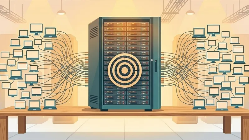 A packed server room with dozens of websites sharing one server, illustrating the resource limitations of shared hosting for WordPress.