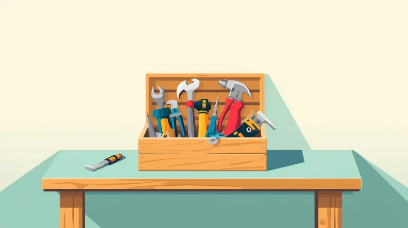 An open wooden toolbox with a curated selection of well-maintained tools representing WP Courseware's focused WordPress LMS feature set