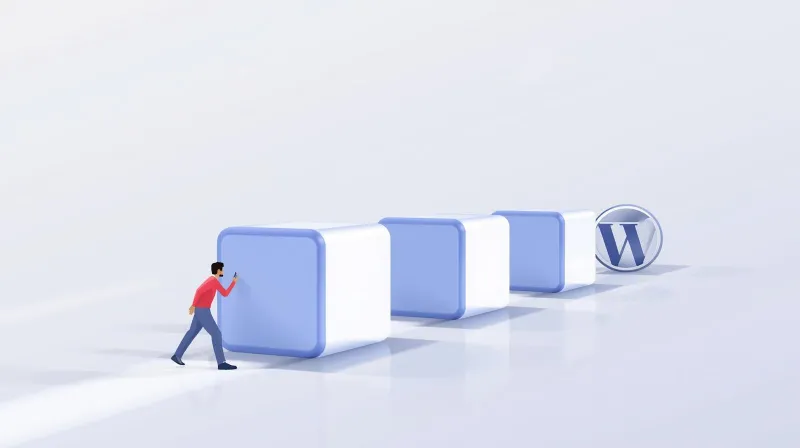 Developer pushing blocks through a pipeline leading to WordPress logo representing custom theme build process