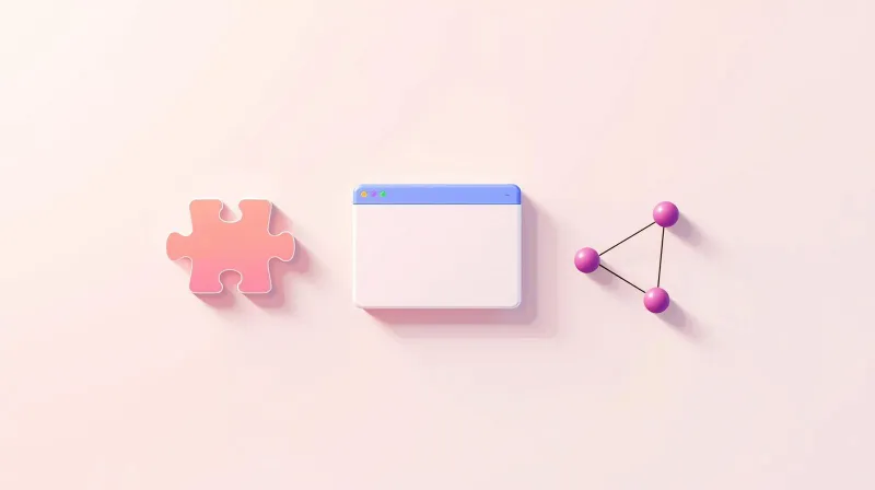 Puzzle piece, browser window, and connected nodes representing plugin, theme, and integration development types