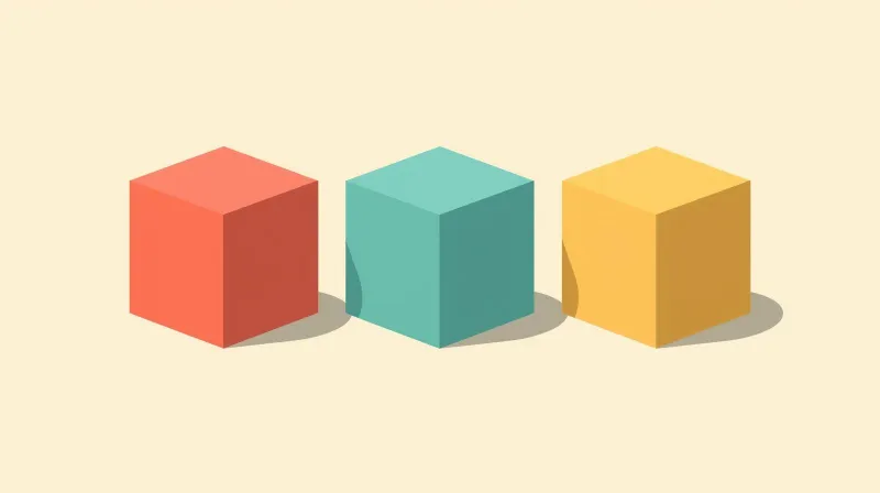 Three colorful 3D cubes of different sizes representing variable project scope in custom WordPress development