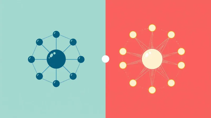Distributed mesh network on left contrasts with centralized hub-and-spoke network on right