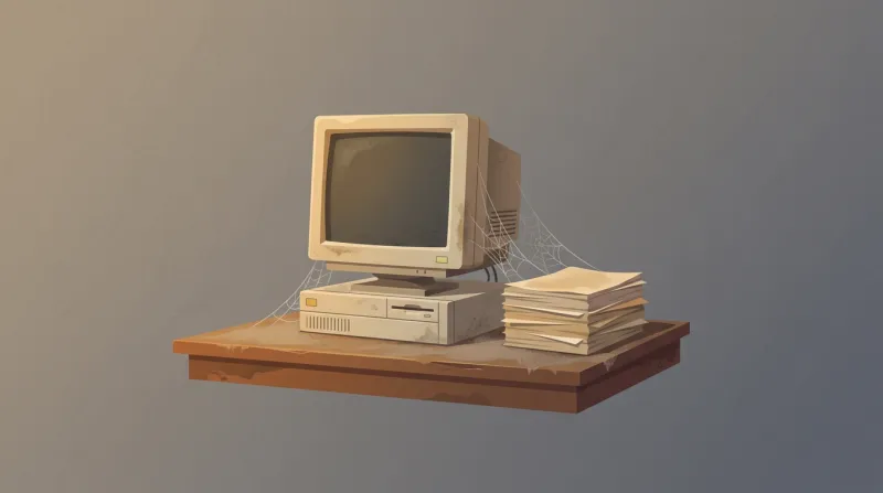 An unattended dusty desk with a neglected computer showing the consequences of deferred WordPress maintenance