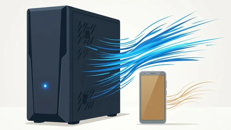 A powerful desktop computer beside a small smartphone illustrating the hardware processing gap that causes WordPress sites to load fast on desktop but slow on mobile.