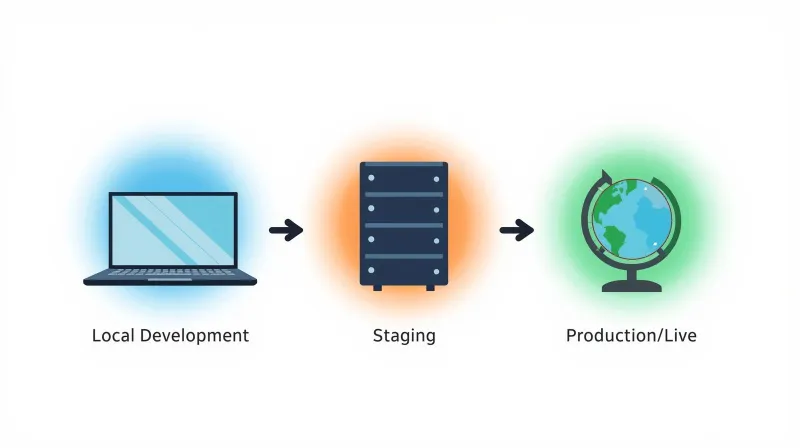 The development workflow showing local development, staging, and production as three distinct environments