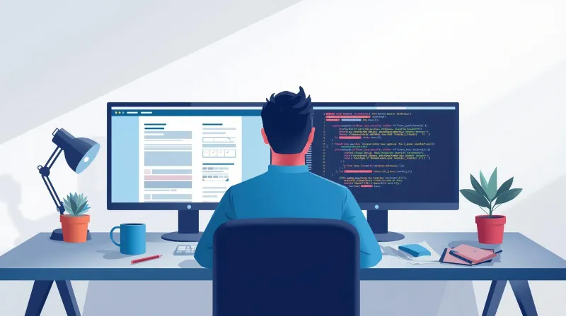 A developer working at dual monitors to build custom WordPress form integrations, highlighting the developer extensibility difference in the Gravity Forms vs WPForms comparison