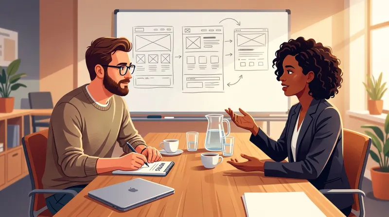 Web developer listening and taking notes while a client explains their project needs in a meeting