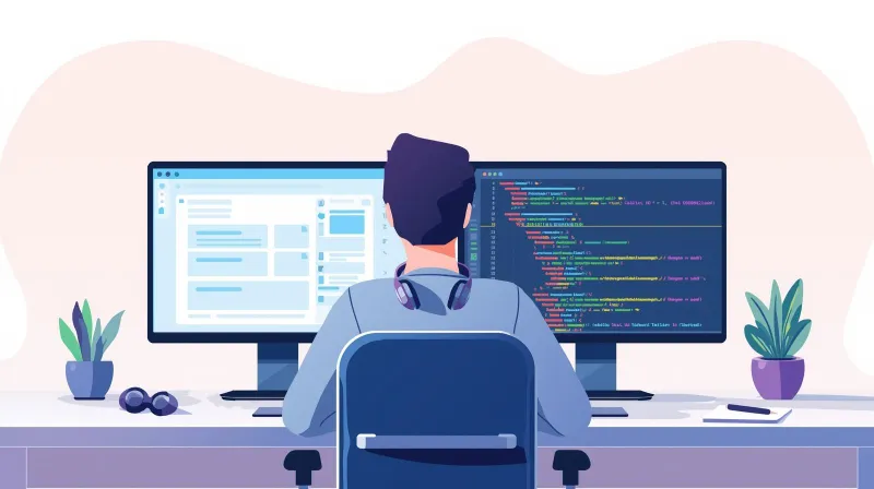 A developer writing custom integration code on dual monitors alongside a web form interface, representing the developer hooks that make Gravity Forms extensible for complex organizations