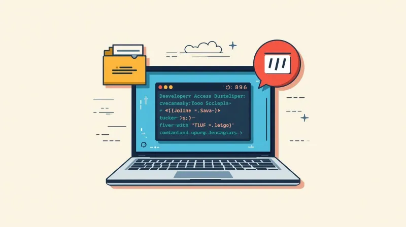 Developer laptop with code editor, file folders, and chat notification showing developer-friendly WordPress hosting tools