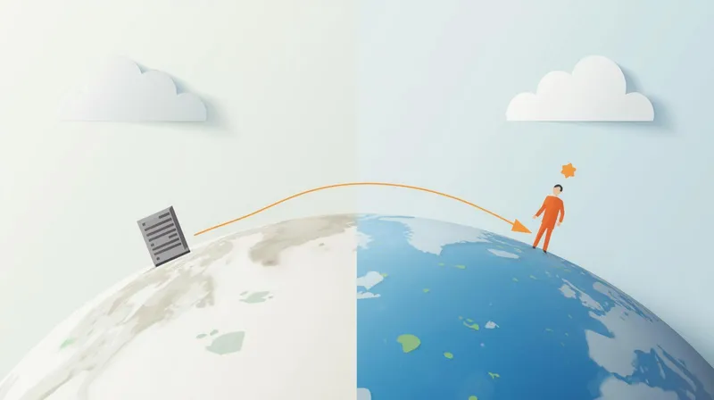 Globe showing a long path from server to distant visitor versus a short path from nearby edge server