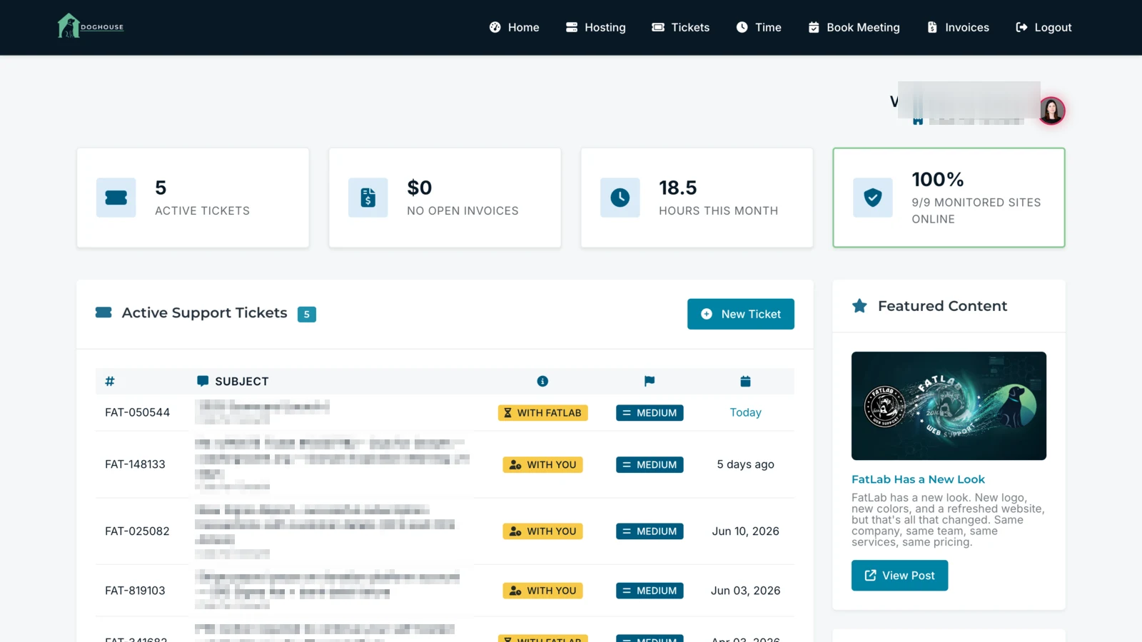 The DogHouse 2.0 client dashboard in the new light theme, showing active tickets, billing status, hours this month, and site monitoring at a glance