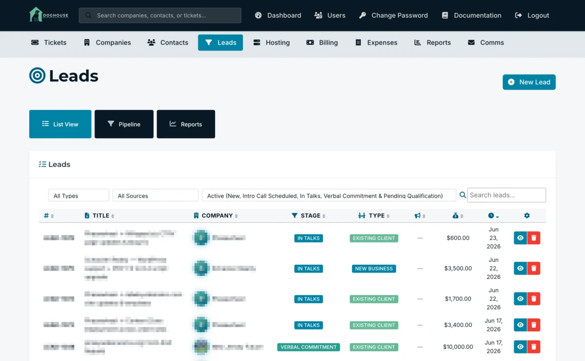 The DogHouse admin sales pipeline, listing leads by stage, type, and value