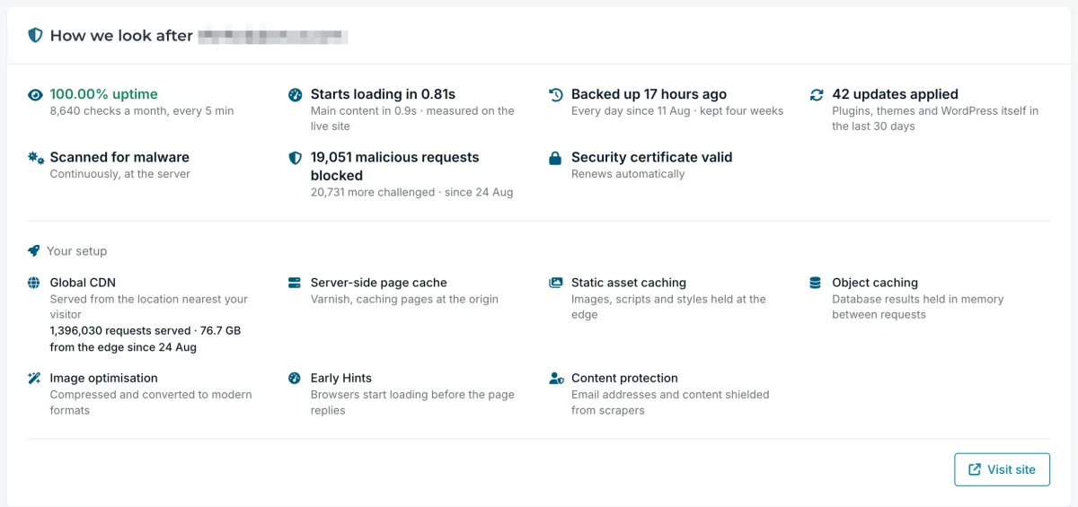 The site care record in the DogHouse client portal, showing uptime checks, load time, daily backups, updates applied, malware scanning, threats blocked, and the delivery stack