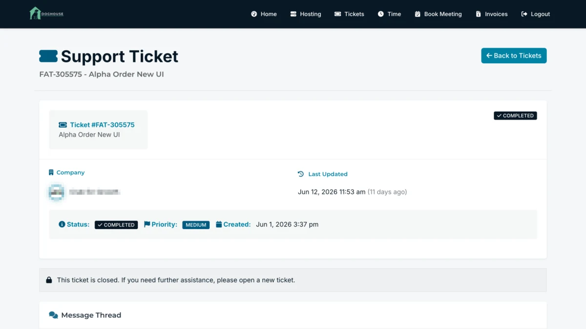 A support ticket in the DogHouse client portal showing status, priority, and ticket details