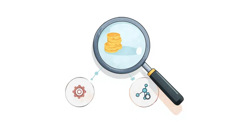 Magnifying glass examining key factors like CRM integration, payment processing, and recurring donations for nonprofit donation systems