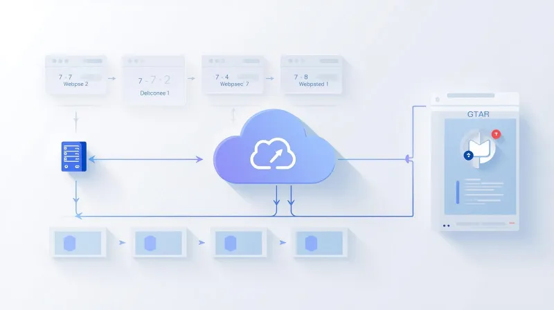 Server connecting to cloud CDN that branches to multiple webpages showing enterprise edge-first content delivery pipeline