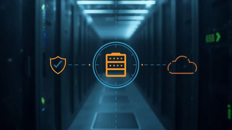 Server room with security shield and cloud icons representing enterprise WordPress hosting infrastructure