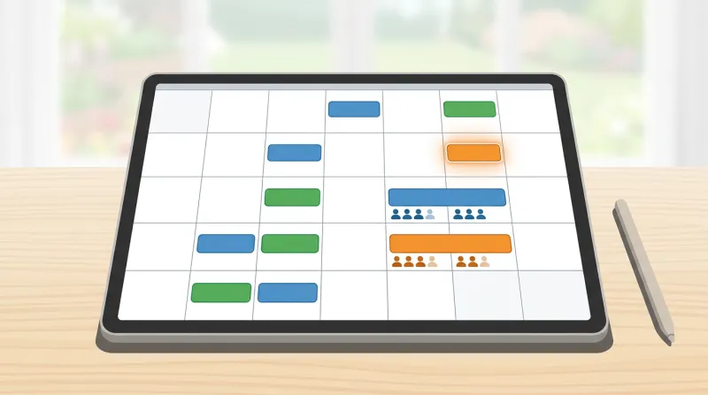 Tablet displaying a color-coded event calendar with volunteer signup indicators for different advocacy activities