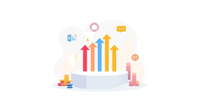 Growth arrows rising from a stable platform with analytics and performance icons