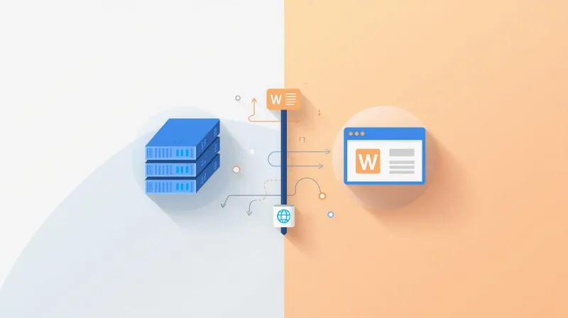 Server infrastructure on one side and WordPress website on the other, illustrating the gap between hosting and website support