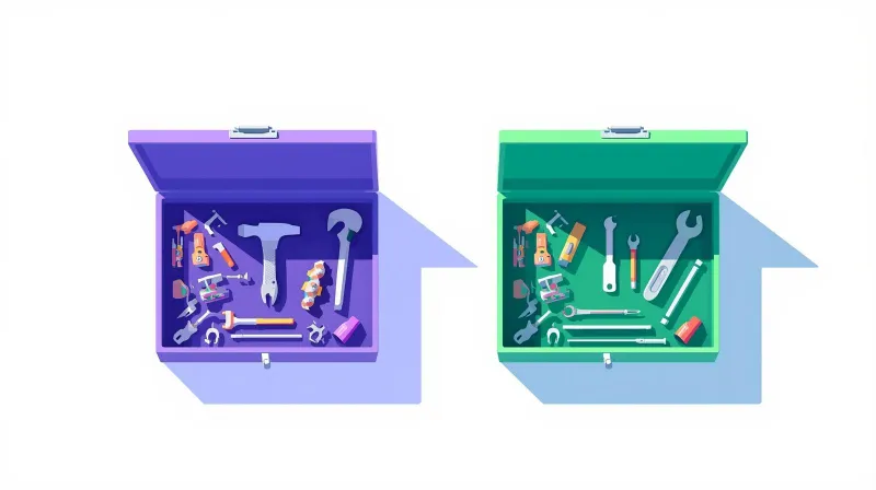 Two toolboxes with different arrangements representing the feature differences between Rank Math and Yoast SEO plugins.