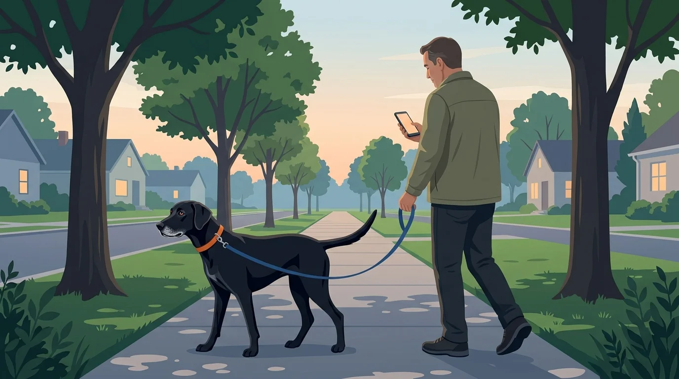 A man walking his tall black Labrador at dawn, calmly glancing at his phone