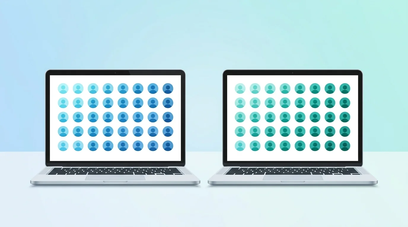 Two laptops side by side, each showing a simple membership dashboard, representing the comparison between Paid Memberships Pro and MemberPress