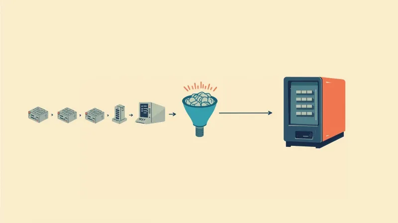 Multiple small servers funneling through consolidation into one large modern server rack